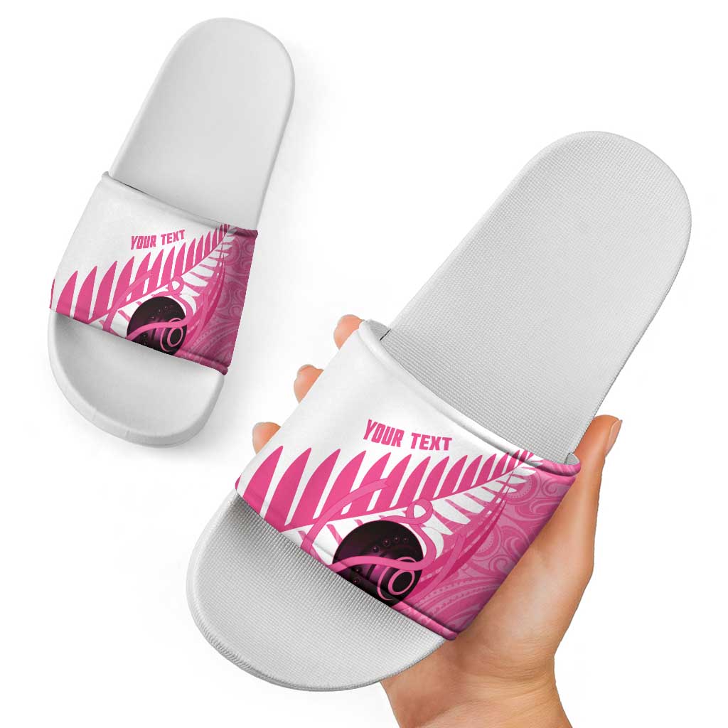 New Zealand Lawn Bowls Breast Cancer Custom Slide Sandals Aotearoa Maori Silver Fern Pink Ribbon LT14 - Polynesian Pride
