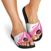 New Zealand Lawn Bowls Breast Cancer Custom Slide Sandals Aotearoa Maori Silver Fern Pink Ribbon LT14 - Polynesian Pride