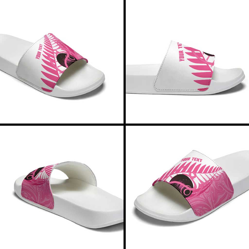New Zealand Lawn Bowls Breast Cancer Custom Slide Sandals Aotearoa Maori Silver Fern Pink Ribbon LT14 - Polynesian Pride