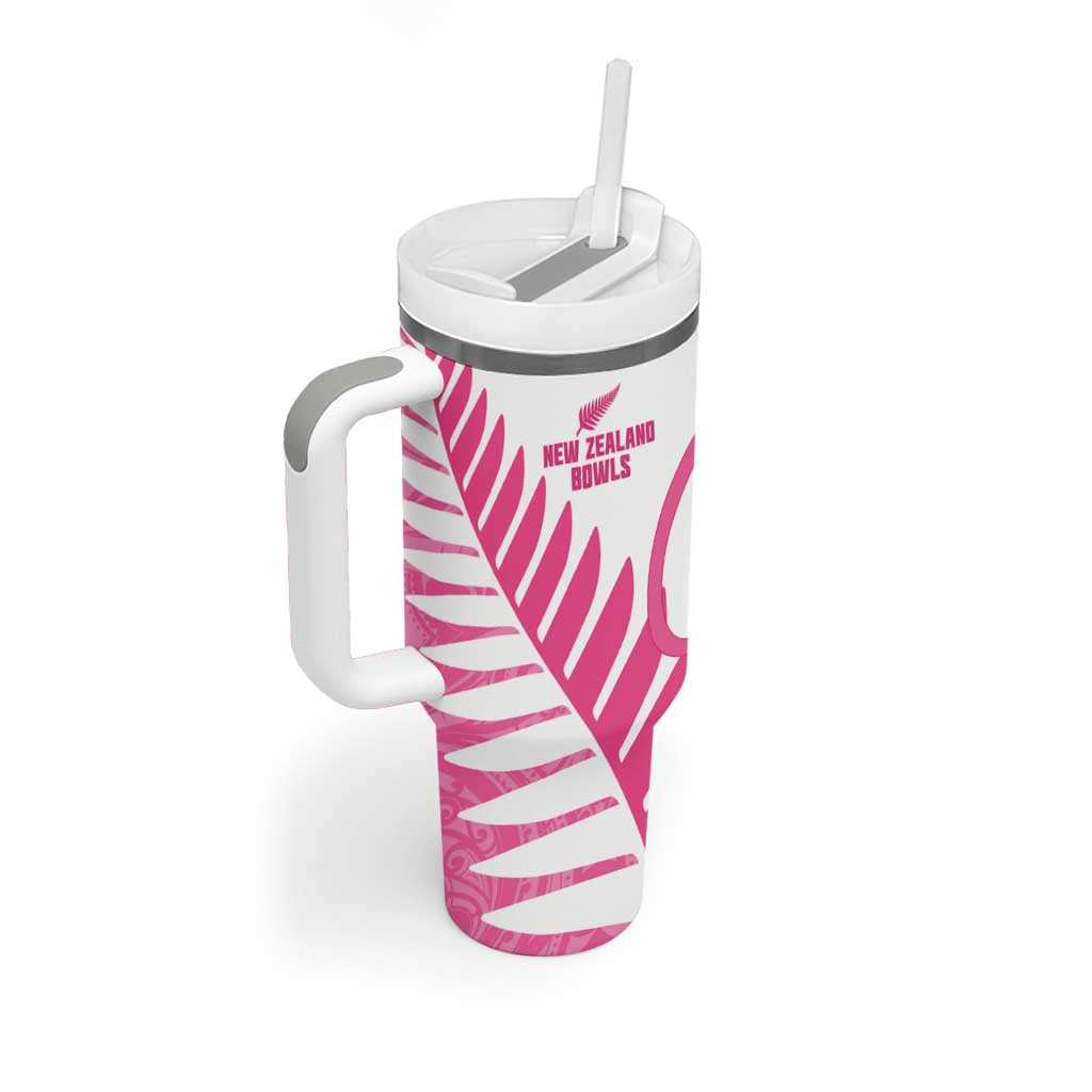 New Zealand Lawn Bowls Breast Cancer Custom Tumbler With Handle Aotearoa Maori Silver Fern Pink Ribbon LT14 - Polynesian Pride
