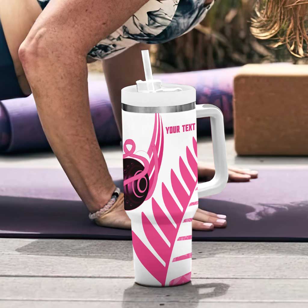 New Zealand Lawn Bowls Breast Cancer Custom Tumbler With Handle Aotearoa Maori Silver Fern Pink Ribbon LT14 - Polynesian Pride