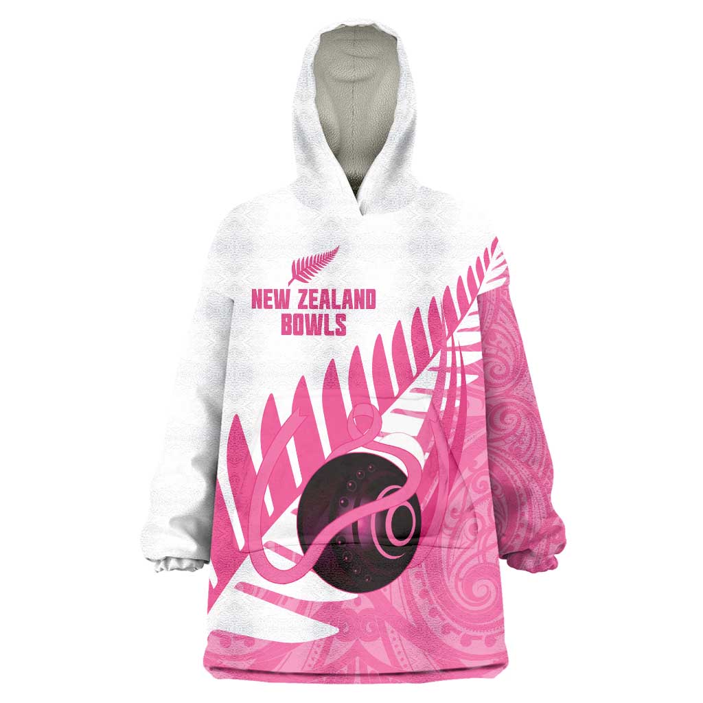 New Zealand Lawn Bowls Breast Cancer Custom Wearable Blanket Hoodie Aotearoa Maori Silver Fern Pink Ribbon LT14 One Size Pink - Polynesian Pride