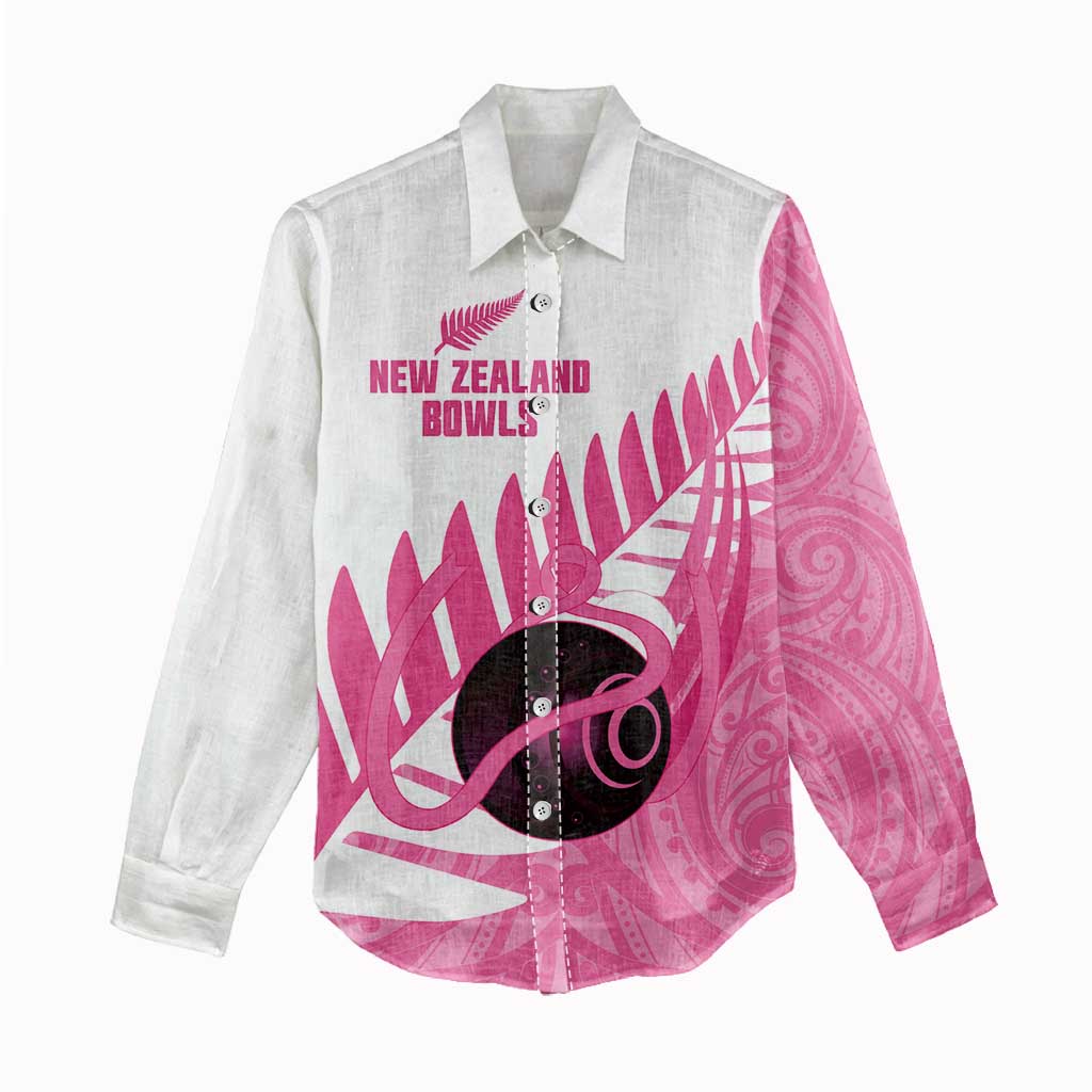 New Zealand Lawn Bowls Breast Cancer Custom Women Casual Shirt Aotearoa Maori Silver Fern Pink Ribbon - Polynesian Pride