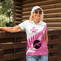 New Zealand Lawn Bowls Breast Cancer Custom Women Polo Shirt Aotearoa Maori Silver Fern Pink Ribbon - Polynesian Pride