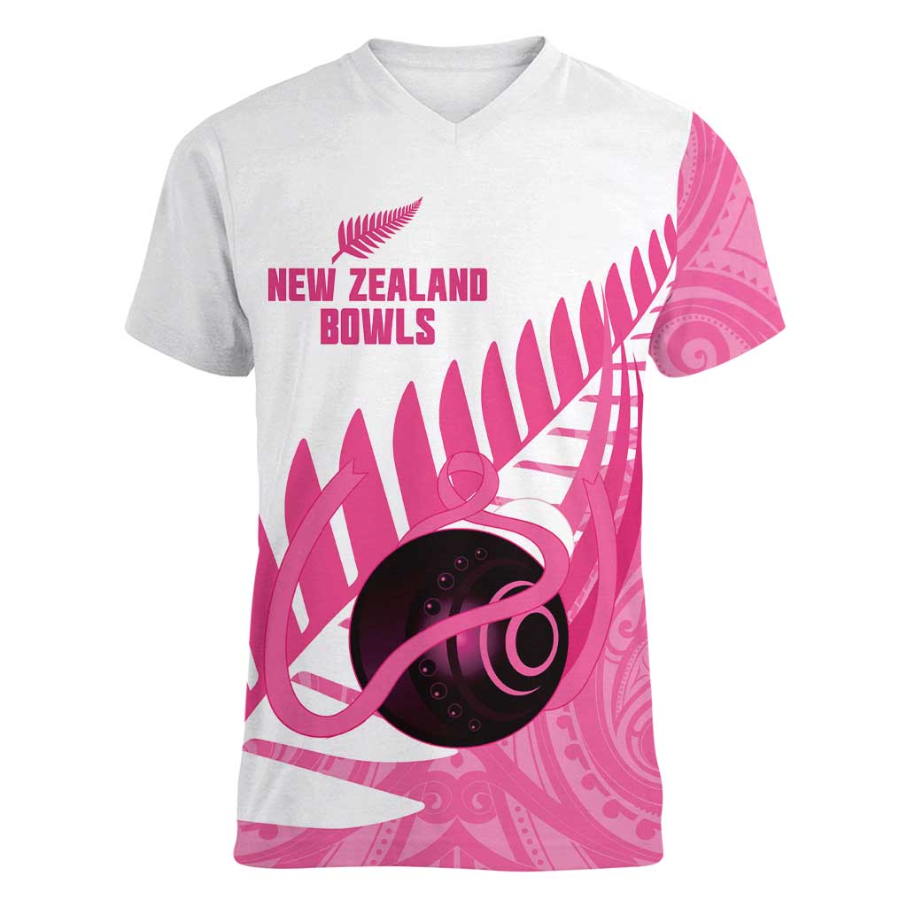 New Zealand Lawn Bowls Breast Cancer Custom Women V-Neck T-Shirt Aotearoa Maori Silver Fern Pink Ribbon LT14 Female Pink - Polynesian Pride