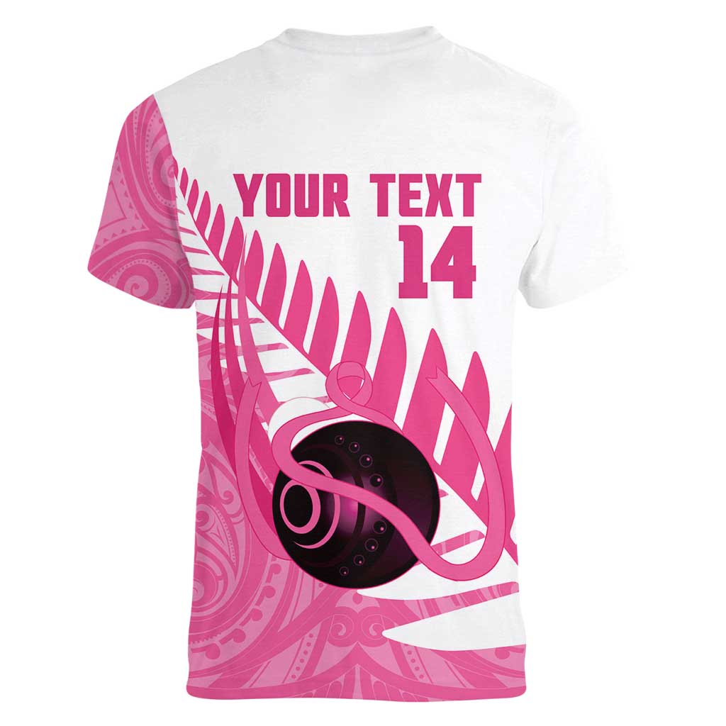 New Zealand Lawn Bowls Breast Cancer Custom Women V-Neck T-Shirt Aotearoa Maori Silver Fern Pink Ribbon LT14 - Polynesian Pride
