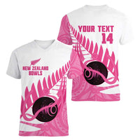 New Zealand Lawn Bowls Breast Cancer Custom Women V-Neck T-Shirt Aotearoa Maori Silver Fern Pink Ribbon LT14 - Polynesian Pride