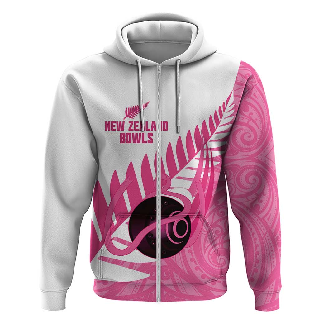 New Zealand Lawn Bowls Breast Cancer Custom Zip Hoodie Aotearoa Maori Silver Fern Pink Ribbon LT14 Zip Hoodie Pink - Polynesian Pride