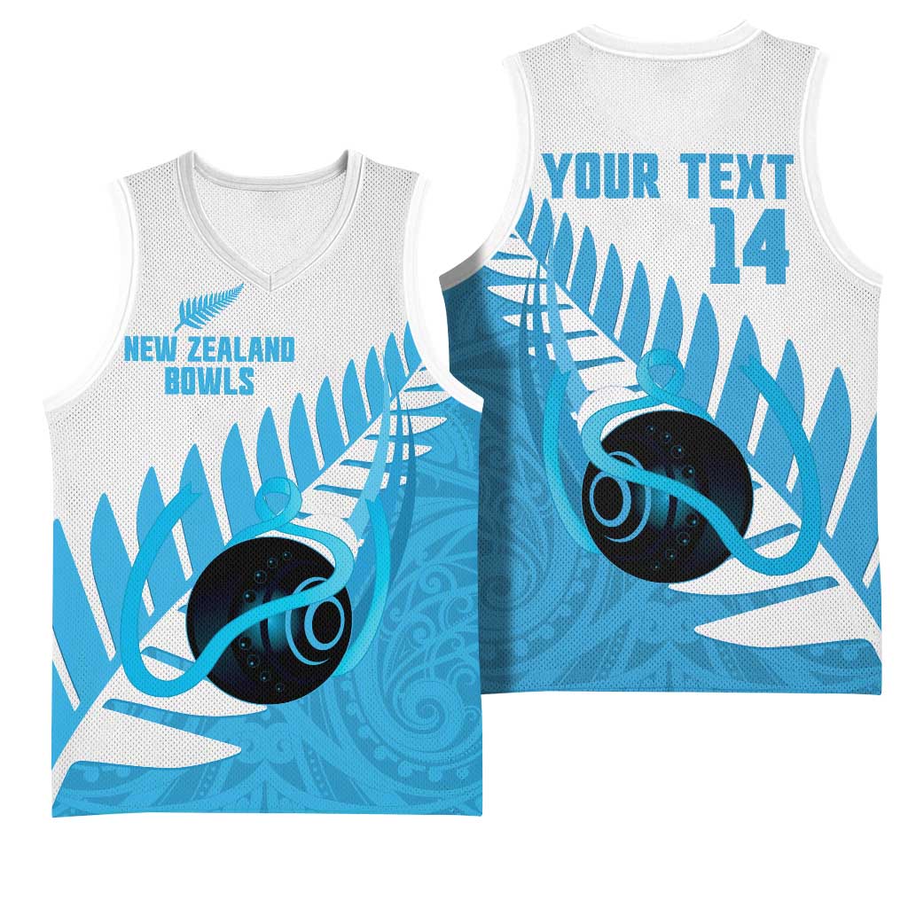 New Zealand Lawn Bowls Prostate Cancer Custom Basketball Jersey Aotearoa Maori Silver Fern Blue Ribbon LT14 - Polynesian Pride