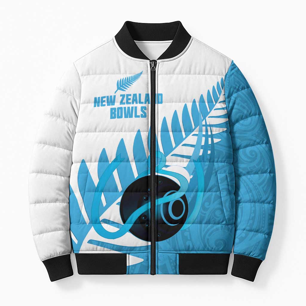 New Zealand Lawn Bowls Prostate Cancer Custom Bomber Puffer Jacket Aotearoa Maori Silver Fern Blue Ribbon LT14 Unisex Blue - Polynesian Pride