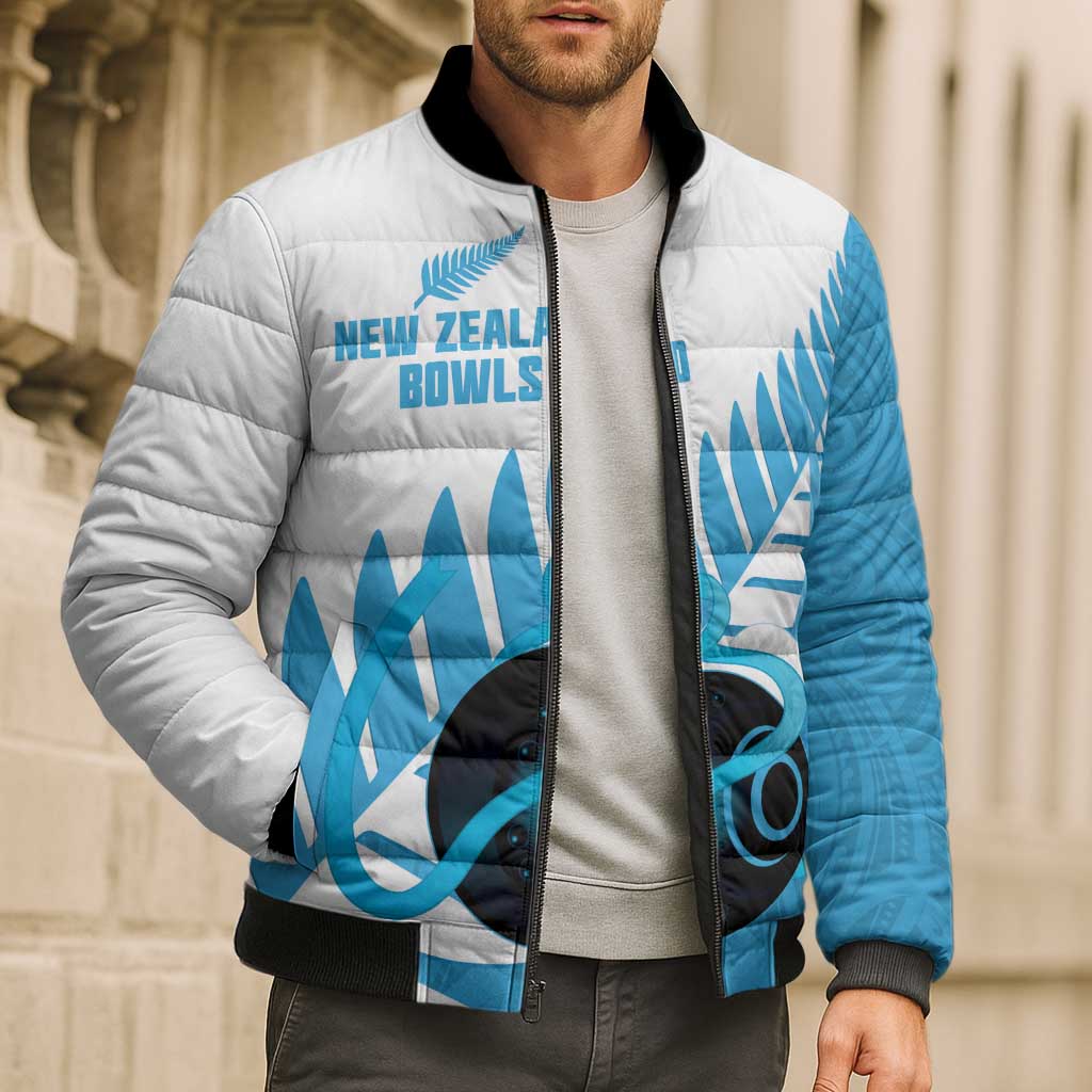 New Zealand Lawn Bowls Prostate Cancer Custom Bomber Puffer Jacket Aotearoa Maori Silver Fern Blue Ribbon LT14 - Polynesian Pride