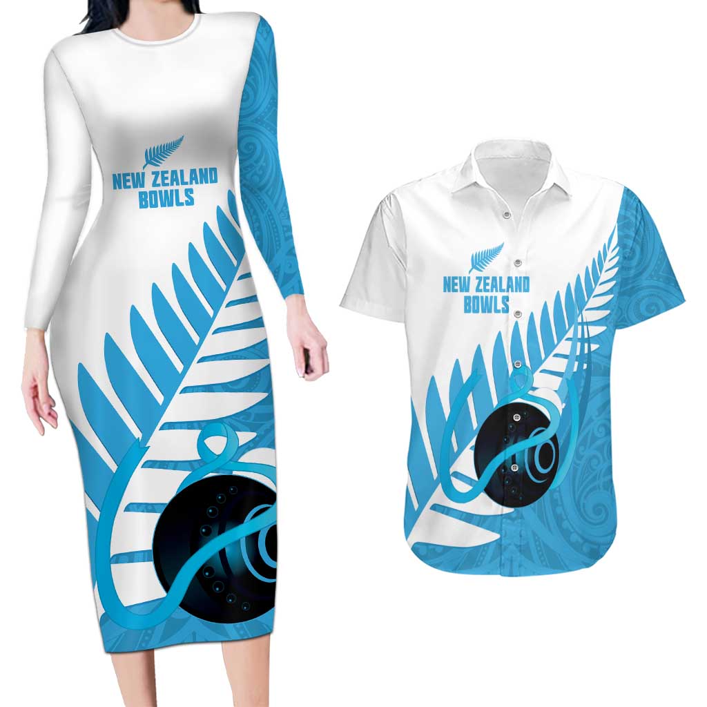 New Zealand Lawn Bowls Prostate Cancer Custom Couples Matching Long Sleeve Bodycon Dress and Hawaiian Shirt Aotearoa Maori Silver Fern Blue Ribbon LT14 Blue - Polynesian Pride