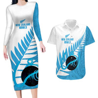 New Zealand Lawn Bowls Prostate Cancer Custom Couples Matching Long Sleeve Bodycon Dress and Hawaiian Shirt Aotearoa Maori Silver Fern Blue Ribbon LT14 Blue - Polynesian Pride