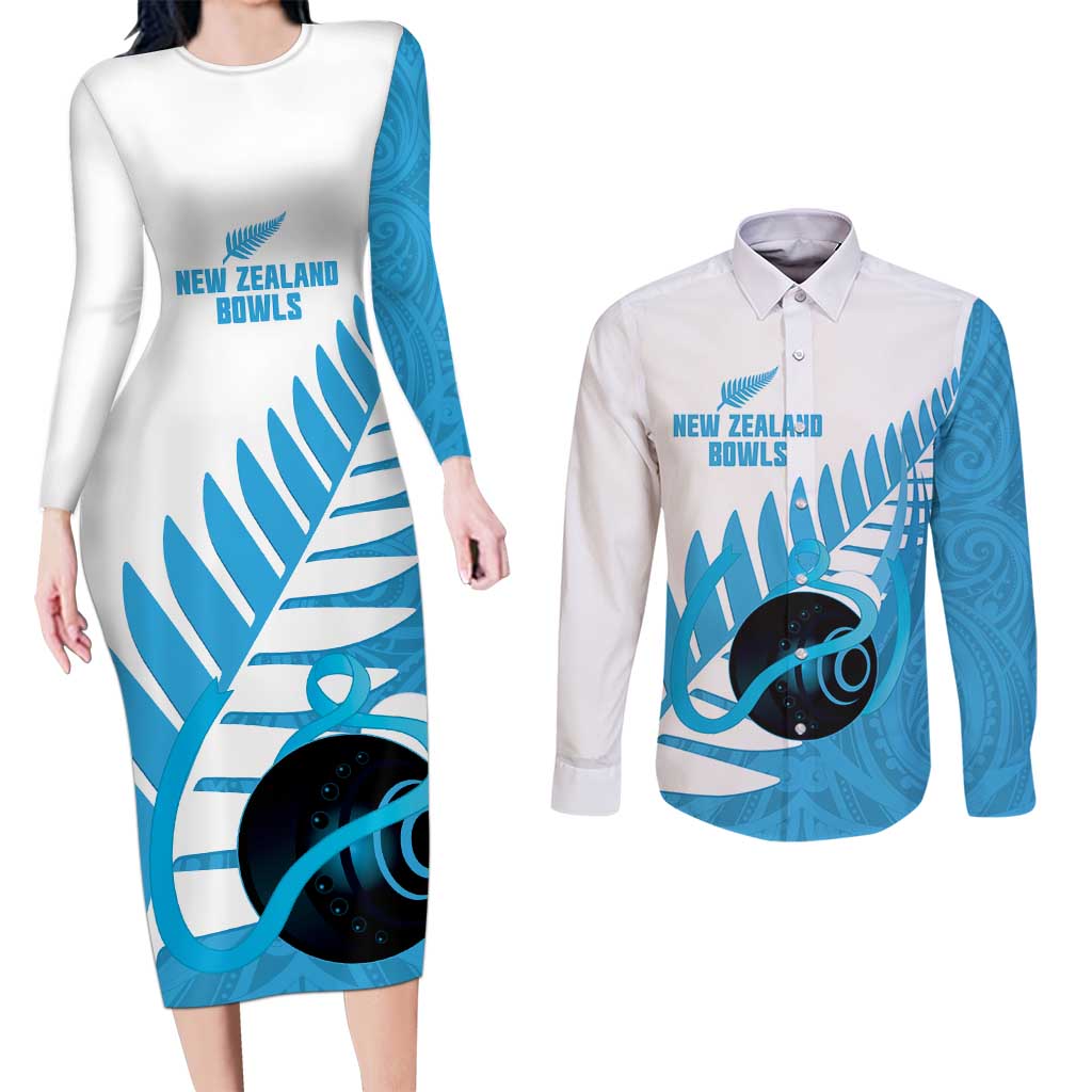 New Zealand Lawn Bowls Prostate Cancer Custom Couples Matching Long Sleeve Bodycon Dress and Long Sleeve Button Shirt Aotearoa Maori Silver Fern Blue Ribbon LT14 Blue - Polynesian Pride