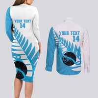 New Zealand Lawn Bowls Prostate Cancer Custom Couples Matching Long Sleeve Bodycon Dress and Long Sleeve Button Shirt Aotearoa Maori Silver Fern Blue Ribbon LT14 - Polynesian Pride