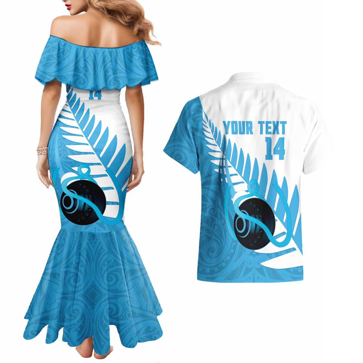 New Zealand Lawn Bowls Prostate Cancer Custom Couples Matching Mermaid Dress and Hawaiian Shirt Aotearoa Maori Silver Fern Blue Ribbon LT14 - Polynesian Pride