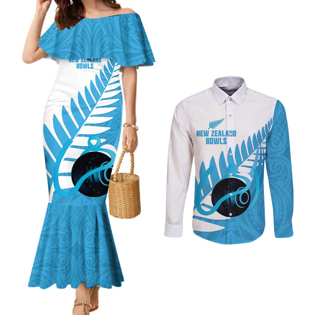 New Zealand Lawn Bowls Prostate Cancer Custom Couples Matching Mermaid Dress and Long Sleeve Button Shirt Aotearoa Maori Silver Fern Blue Ribbon LT14 Blue - Polynesian Pride