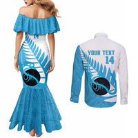 New Zealand Lawn Bowls Prostate Cancer Custom Couples Matching Mermaid Dress and Long Sleeve Button Shirt Aotearoa Maori Silver Fern Blue Ribbon LT14 - Polynesian Pride