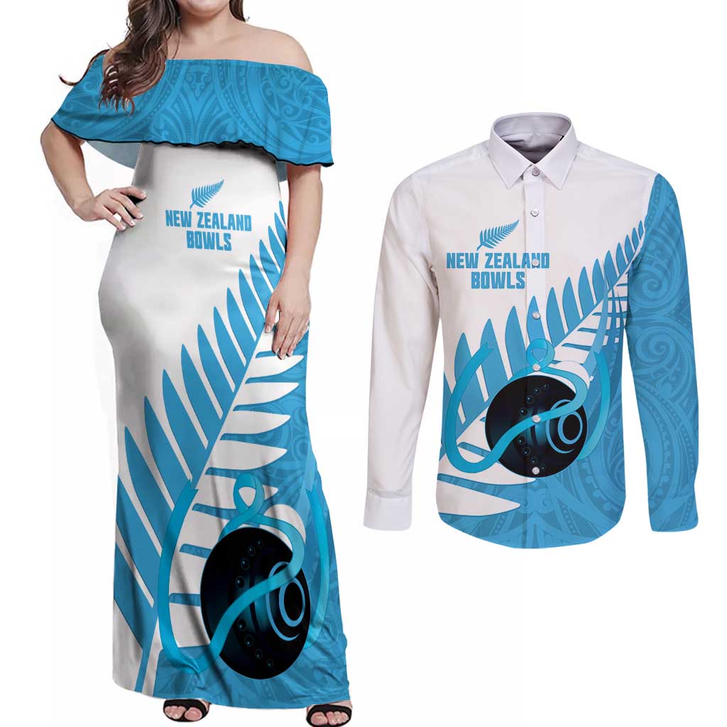 New Zealand Lawn Bowls Prostate Cancer Custom Couples Matching Off Shoulder Maxi Dress and Long Sleeve Button Shirt Aotearoa Maori Silver Fern Blue Ribbon LT14 Blue - Polynesian Pride