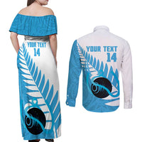 New Zealand Lawn Bowls Prostate Cancer Custom Couples Matching Off Shoulder Maxi Dress and Long Sleeve Button Shirt Aotearoa Maori Silver Fern Blue Ribbon LT14 - Polynesian Pride