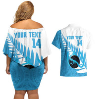 New Zealand Lawn Bowls Prostate Cancer Custom Couples Matching Off Shoulder Short Dress and Hawaiian Shirt Aotearoa Maori Silver Fern Blue Ribbon LT14 - Polynesian Pride