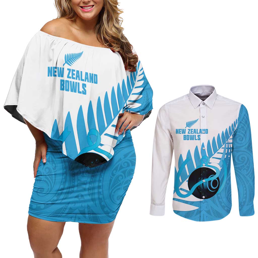 New Zealand Lawn Bowls Prostate Cancer Custom Couples Matching Off Shoulder Short Dress and Long Sleeve Button Shirt Aotearoa Maori Silver Fern Blue Ribbon LT14 Blue - Polynesian Pride