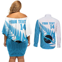 New Zealand Lawn Bowls Prostate Cancer Custom Couples Matching Off Shoulder Short Dress and Long Sleeve Button Shirt Aotearoa Maori Silver Fern Blue Ribbon LT14 - Polynesian Pride