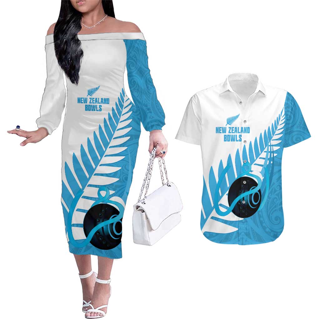 New Zealand Lawn Bowls Prostate Cancer Custom Couples Matching Off The Shoulder Long Sleeve Dress and Hawaiian Shirt Aotearoa Maori Silver Fern Blue Ribbon LT14 Blue - Polynesian Pride