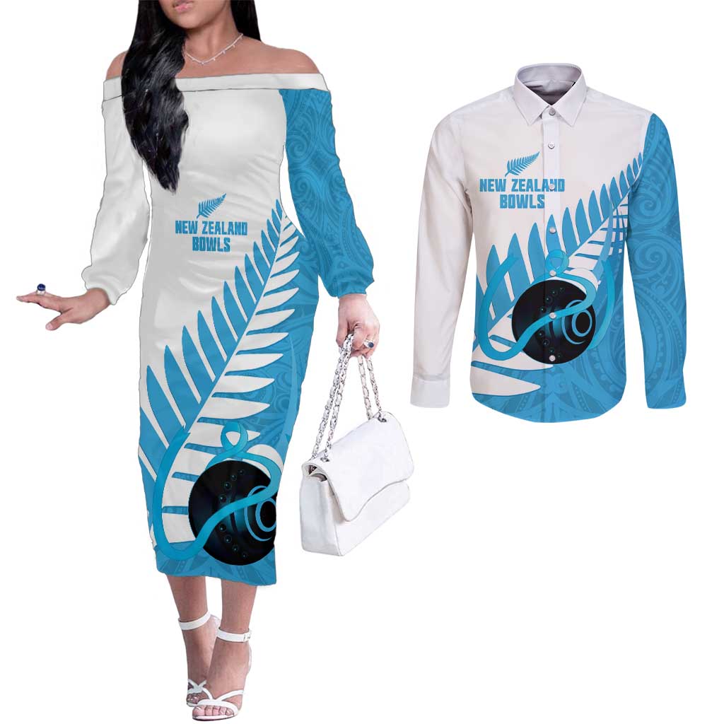 New Zealand Lawn Bowls Prostate Cancer Custom Couples Matching Off The Shoulder Long Sleeve Dress and Long Sleeve Button Shirt Aotearoa Maori Silver Fern Blue Ribbon LT14 Blue - Polynesian Pride
