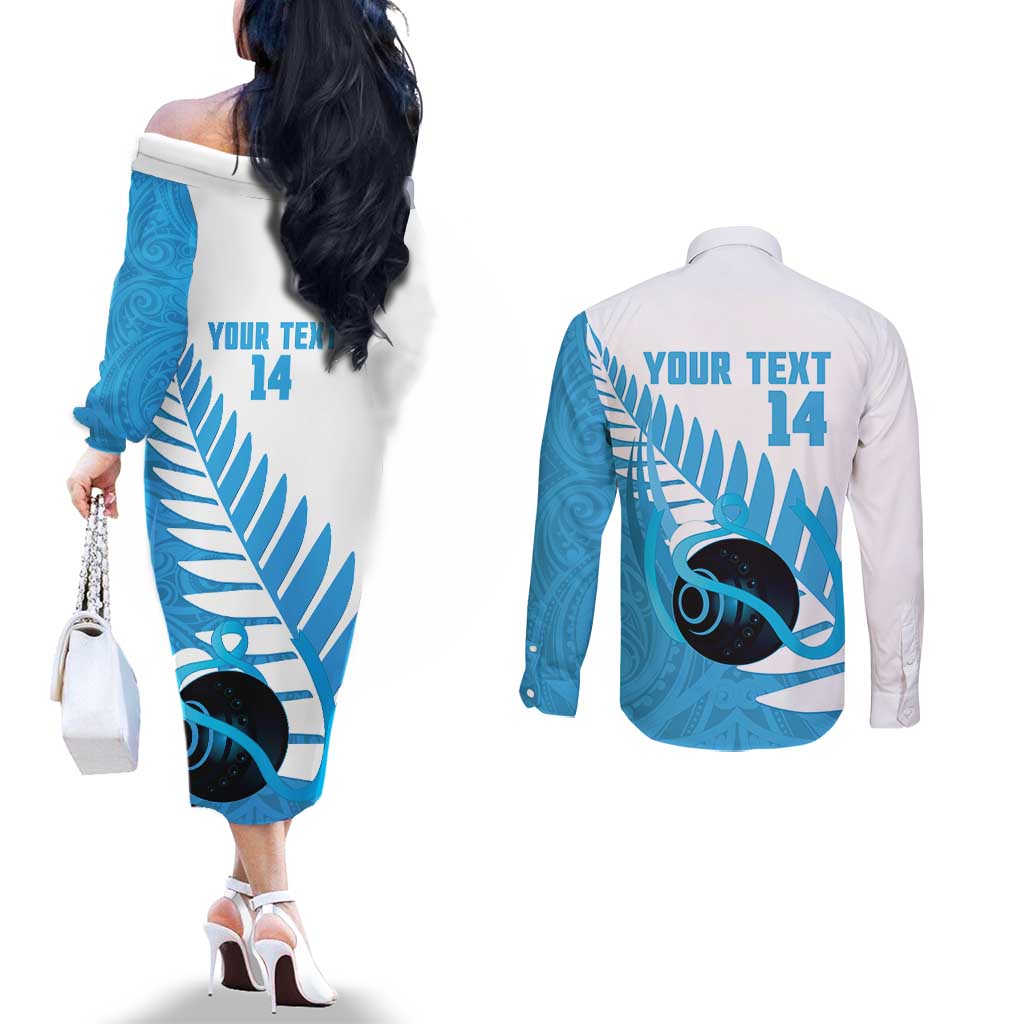 New Zealand Lawn Bowls Prostate Cancer Custom Couples Matching Off The Shoulder Long Sleeve Dress and Long Sleeve Button Shirt Aotearoa Maori Silver Fern Blue Ribbon LT14 - Polynesian Pride