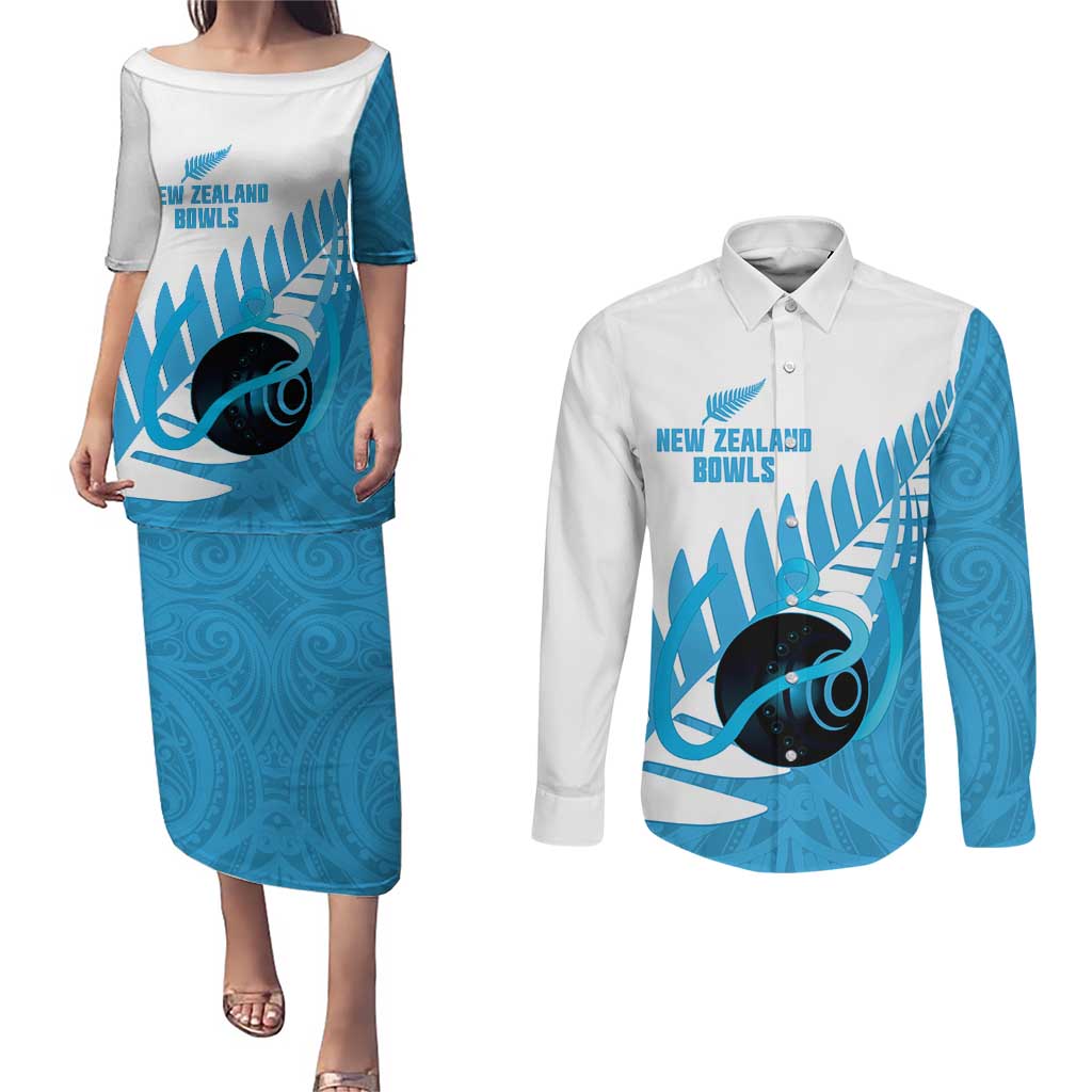 New Zealand Lawn Bowls Prostate Cancer Custom Couples Matching Puletasi and Long Sleeve Button Shirt Aotearoa Maori Silver Fern Blue Ribbon LT14 Blue - Polynesian Pride