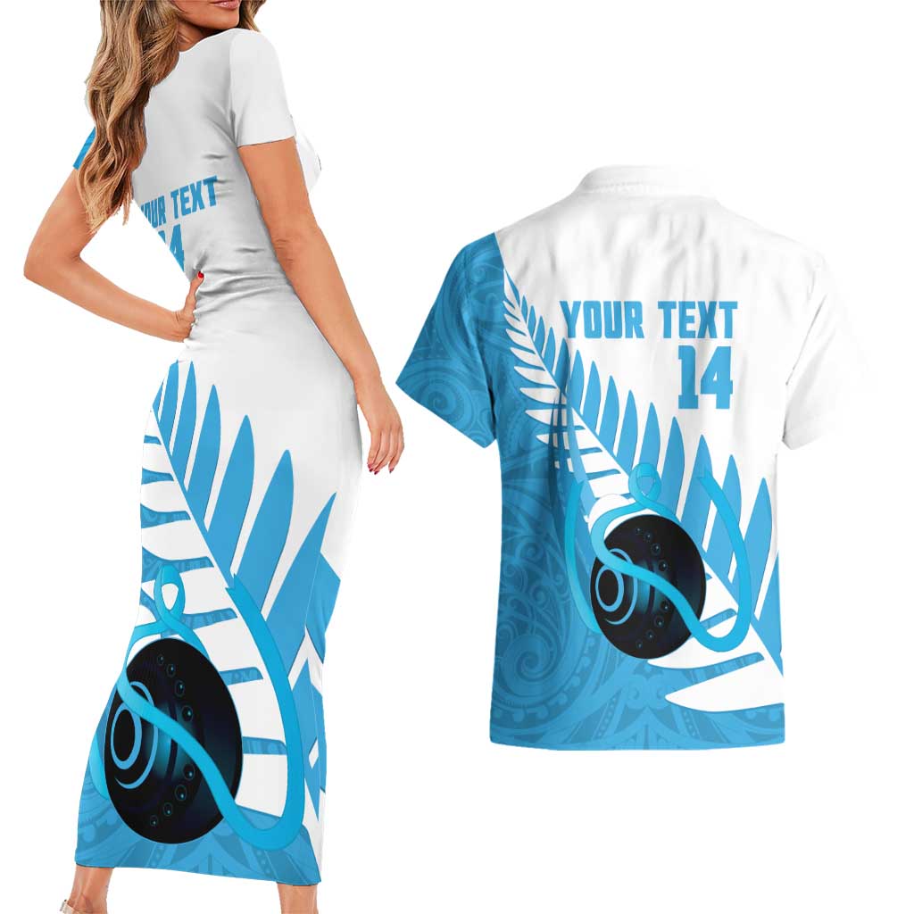 New Zealand Lawn Bowls Prostate Cancer Custom Couples Matching Short Sleeve Bodycon Dress and Hawaiian Shirt Aotearoa Maori Silver Fern Blue Ribbon LT14 - Polynesian Pride