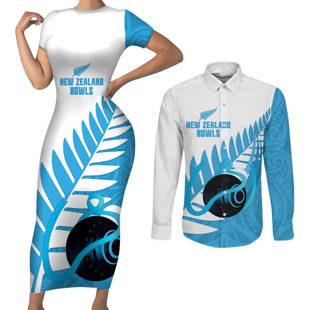 New Zealand Lawn Bowls Prostate Cancer Custom Couples Matching Short Sleeve Bodycon Dress and Long Sleeve Button Shirt Aotearoa Maori Silver Fern Blue Ribbon LT14 Blue - Polynesian Pride