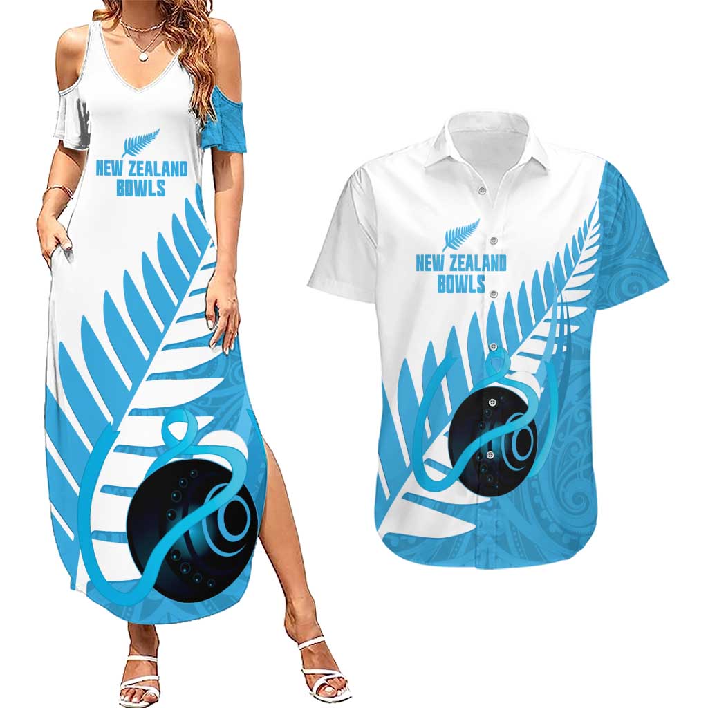 New Zealand Lawn Bowls Prostate Cancer Custom Couples Matching Summer Maxi Dress and Hawaiian Shirt Aotearoa Maori Silver Fern Blue Ribbon - Polynesian Pride