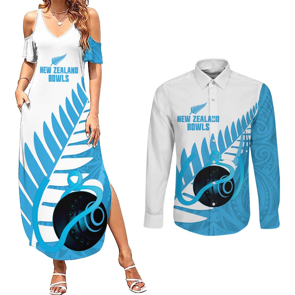 New Zealand Lawn Bowls Prostate Cancer Custom Couples Matching Summer Maxi Dress and Long Sleeve Button Shirt Aotearoa Maori Silver Fern Blue Ribbon LT14 Blue - Polynesian Pride