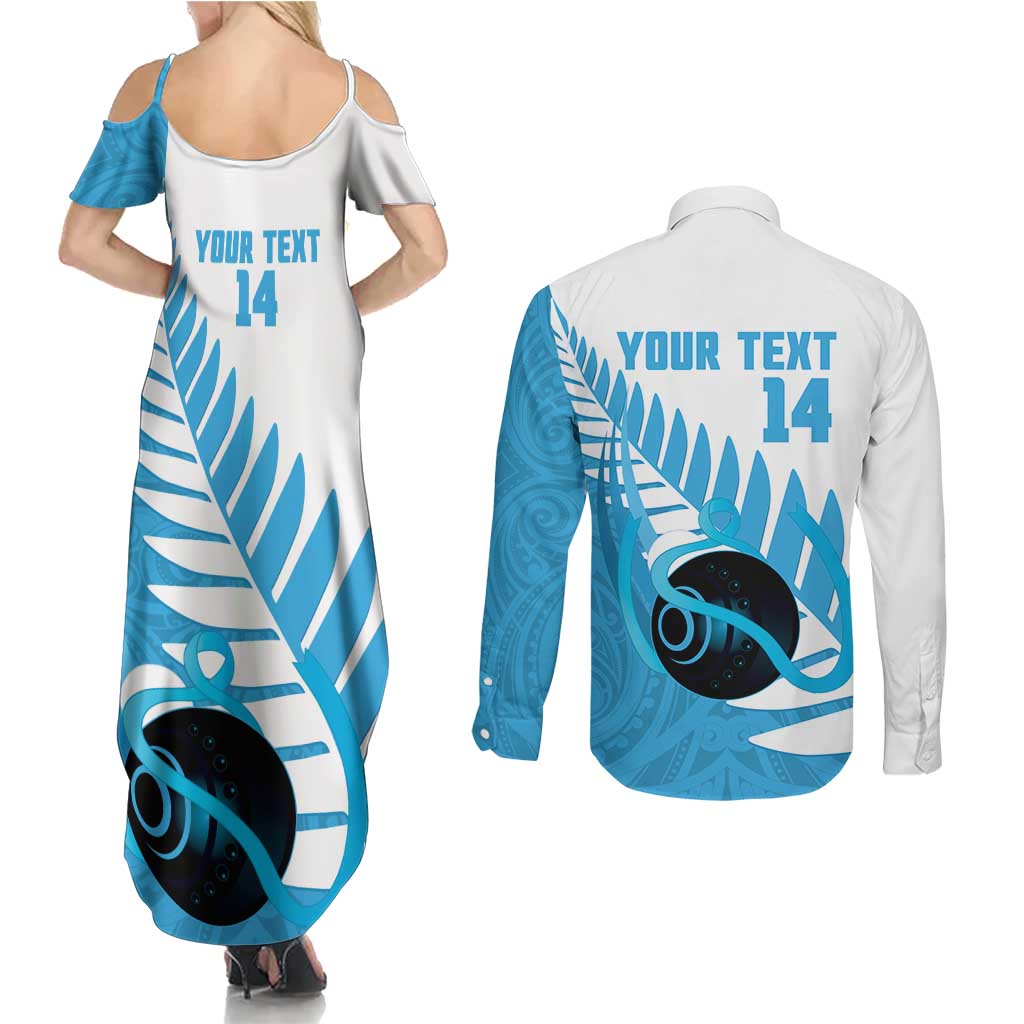 New Zealand Lawn Bowls Prostate Cancer Custom Couples Matching Summer Maxi Dress and Long Sleeve Button Shirt Aotearoa Maori Silver Fern Blue Ribbon LT14 - Polynesian Pride