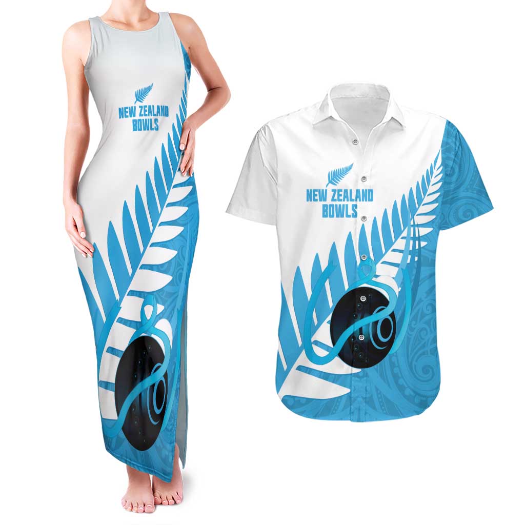 New Zealand Lawn Bowls Prostate Cancer Custom Couples Matching Tank Maxi Dress and Hawaiian Shirt Aotearoa Maori Silver Fern Blue Ribbon LT14 Blue - Polynesian Pride