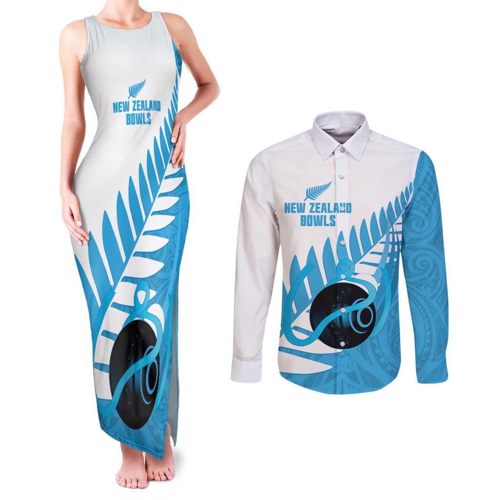 New Zealand Lawn Bowls Prostate Cancer Custom Couples Matching Tank Maxi Dress and Long Sleeve Button Shirt Aotearoa Maori Silver Fern Blue Ribbon LT14 Blue - Polynesian Pride