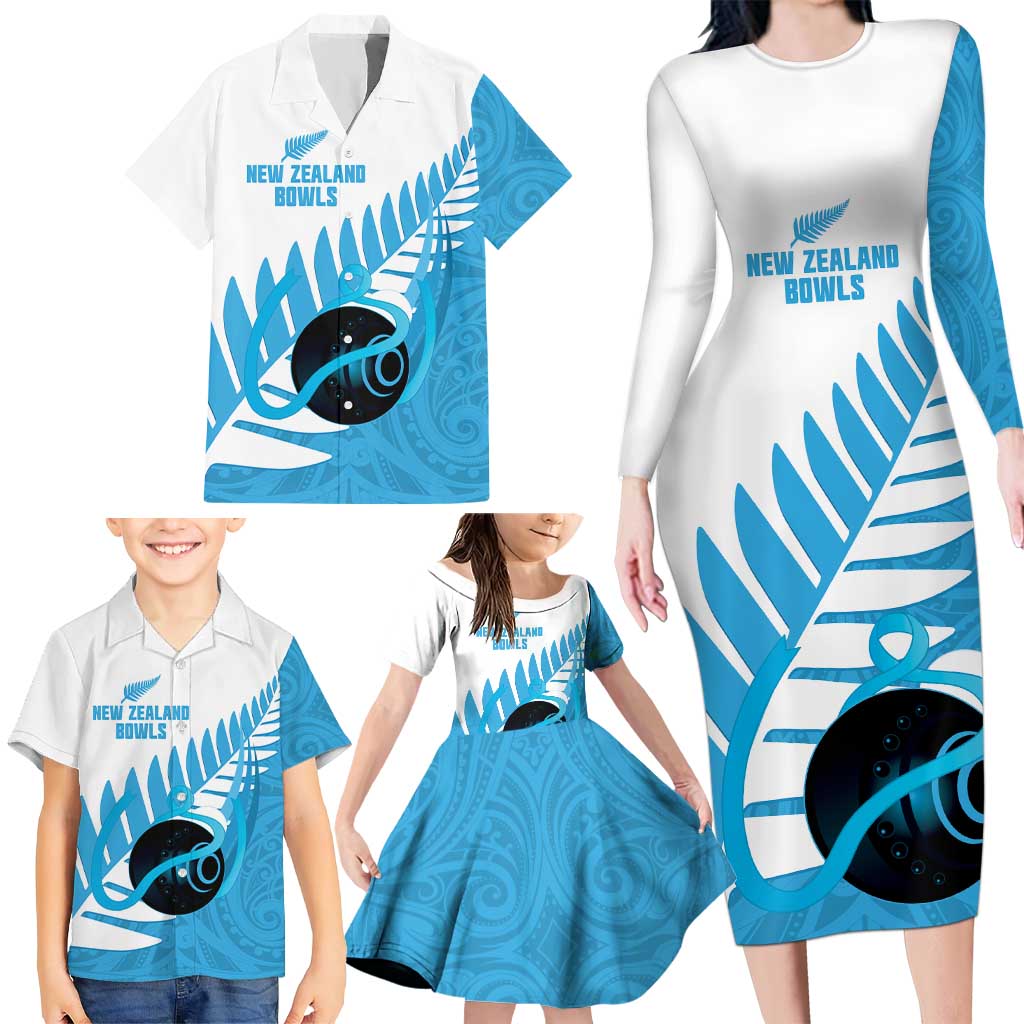 New Zealand Lawn Bowls Prostate Cancer Custom Family Matching Long Sleeve Bodycon Dress and Hawaiian Shirt Aotearoa Maori Silver Fern Blue Ribbon LT14 - Polynesian Pride