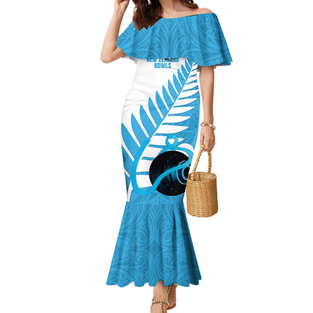 New Zealand Lawn Bowls Prostate Cancer Custom Family Matching Mermaid Dress and Hawaiian Shirt Aotearoa Maori Silver Fern Blue Ribbon LT14 Mom's Dress Blue - Polynesian Pride