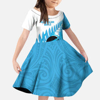 New Zealand Lawn Bowls Prostate Cancer Custom Family Matching Off The Shoulder Long Sleeve Dress and Hawaiian Shirt Aotearoa Maori Silver Fern Blue Ribbon LT14 Daughter's Dress Blue - Polynesian Pride