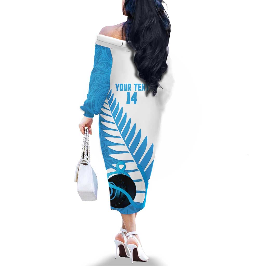 New Zealand Lawn Bowls Prostate Cancer Custom Family Matching Off The Shoulder Long Sleeve Dress and Hawaiian Shirt Aotearoa Maori Silver Fern Blue Ribbon LT14 - Polynesian Pride