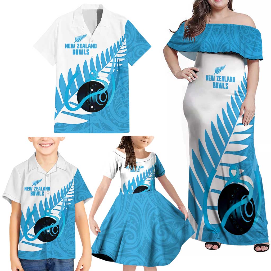 New Zealand Lawn Bowls Prostate Cancer Custom Family Matching Off Shoulder Maxi Dress and Hawaiian Shirt Aotearoa Maori Silver Fern Blue Ribbon LT14 - Polynesian Pride