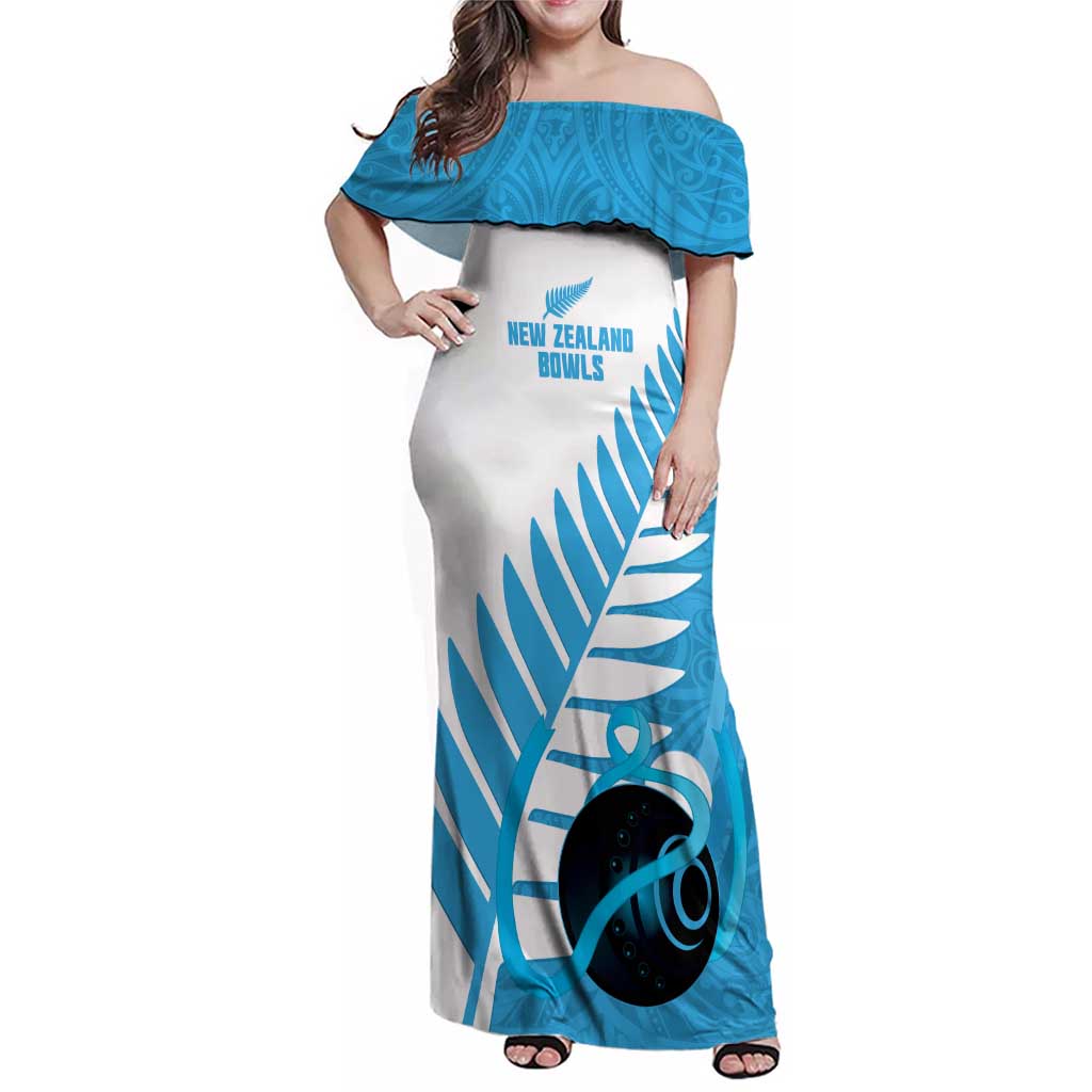 New Zealand Lawn Bowls Prostate Cancer Custom Family Matching Off Shoulder Maxi Dress and Hawaiian Shirt Aotearoa Maori Silver Fern Blue Ribbon LT14 Mom's Dress Blue - Polynesian Pride