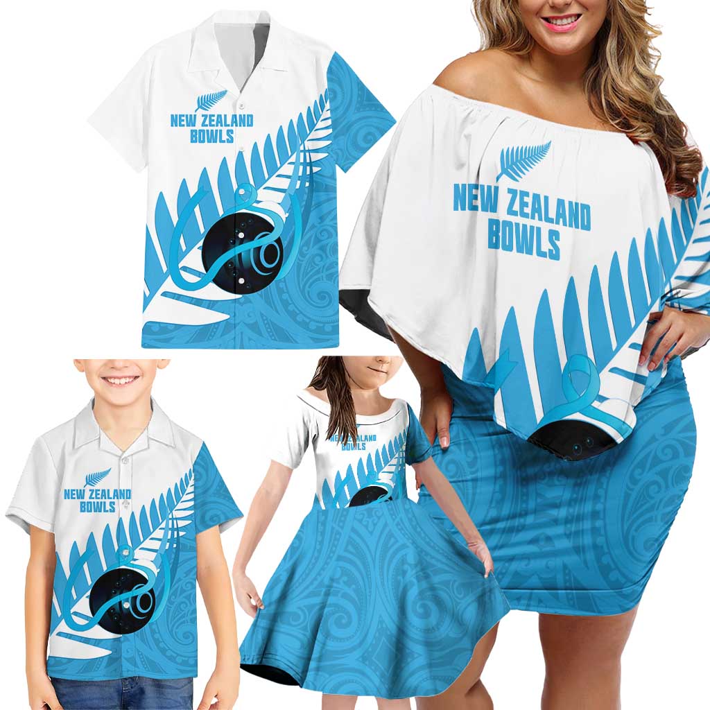 New Zealand Lawn Bowls Prostate Cancer Custom Family Matching Off Shoulder Short Dress and Hawaiian Shirt Aotearoa Maori Silver Fern Blue Ribbon LT14 - Polynesian Pride