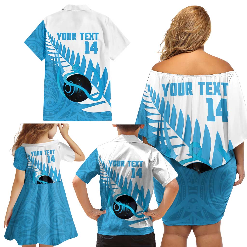 New Zealand Lawn Bowls Prostate Cancer Custom Family Matching Off Shoulder Short Dress and Hawaiian Shirt Aotearoa Maori Silver Fern Blue Ribbon LT14 - Polynesian Pride