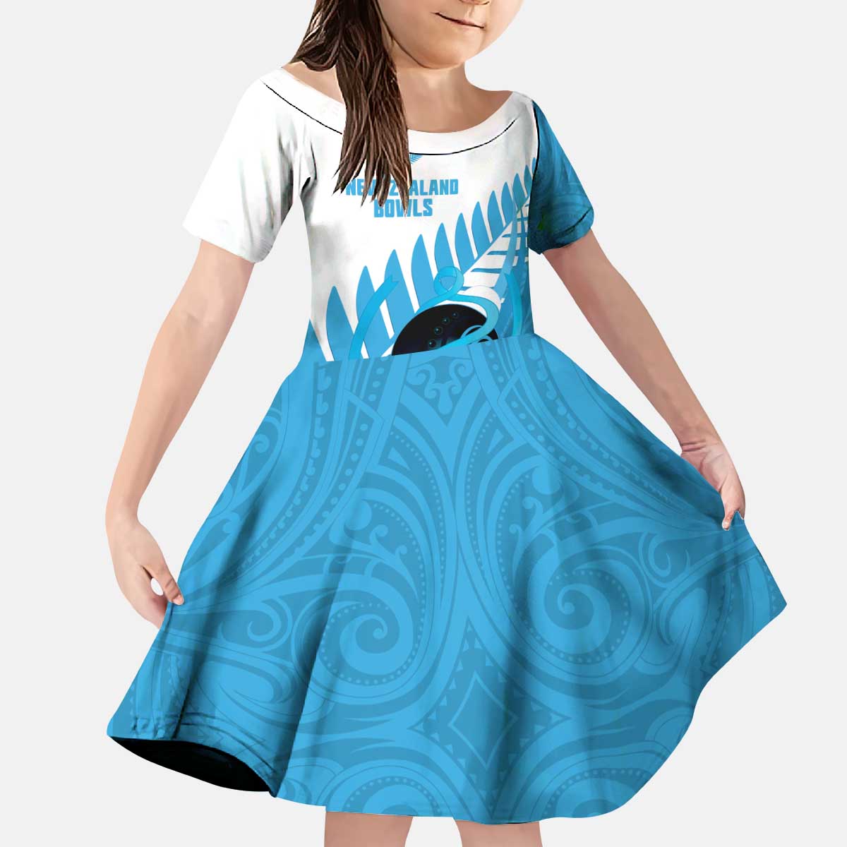 New Zealand Lawn Bowls Prostate Cancer Custom Kid Short Sleeve Dress Aotearoa Maori Silver Fern Blue Ribbon - Polynesian Pride