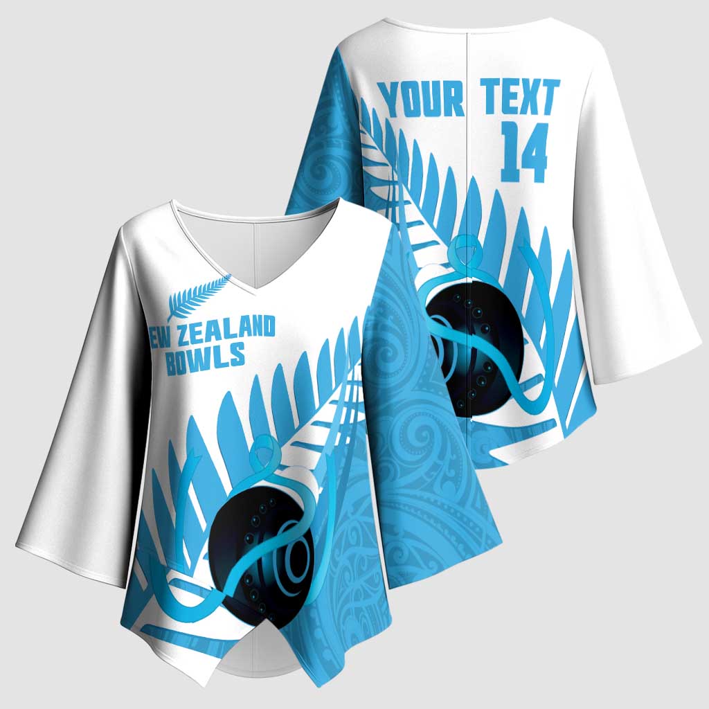 New Zealand Lawn Bowls Prostate Cancer Custom Kimono Sleeve Blouse Aotearoa Maori Silver Fern Blue Ribbon LT14 - Polynesian Pride