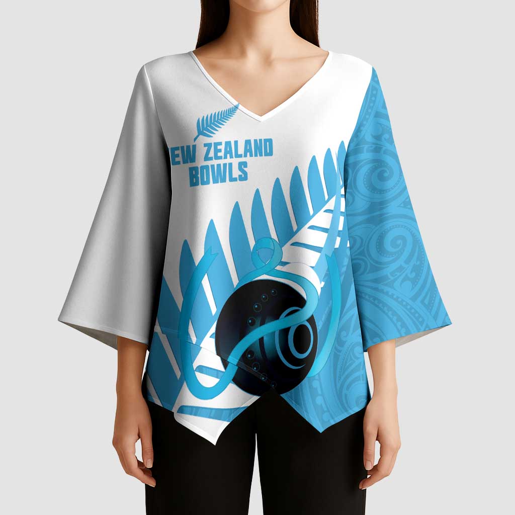 New Zealand Lawn Bowls Prostate Cancer Custom Kimono Sleeve Blouse Aotearoa Maori Silver Fern Blue Ribbon LT14 - Polynesian Pride