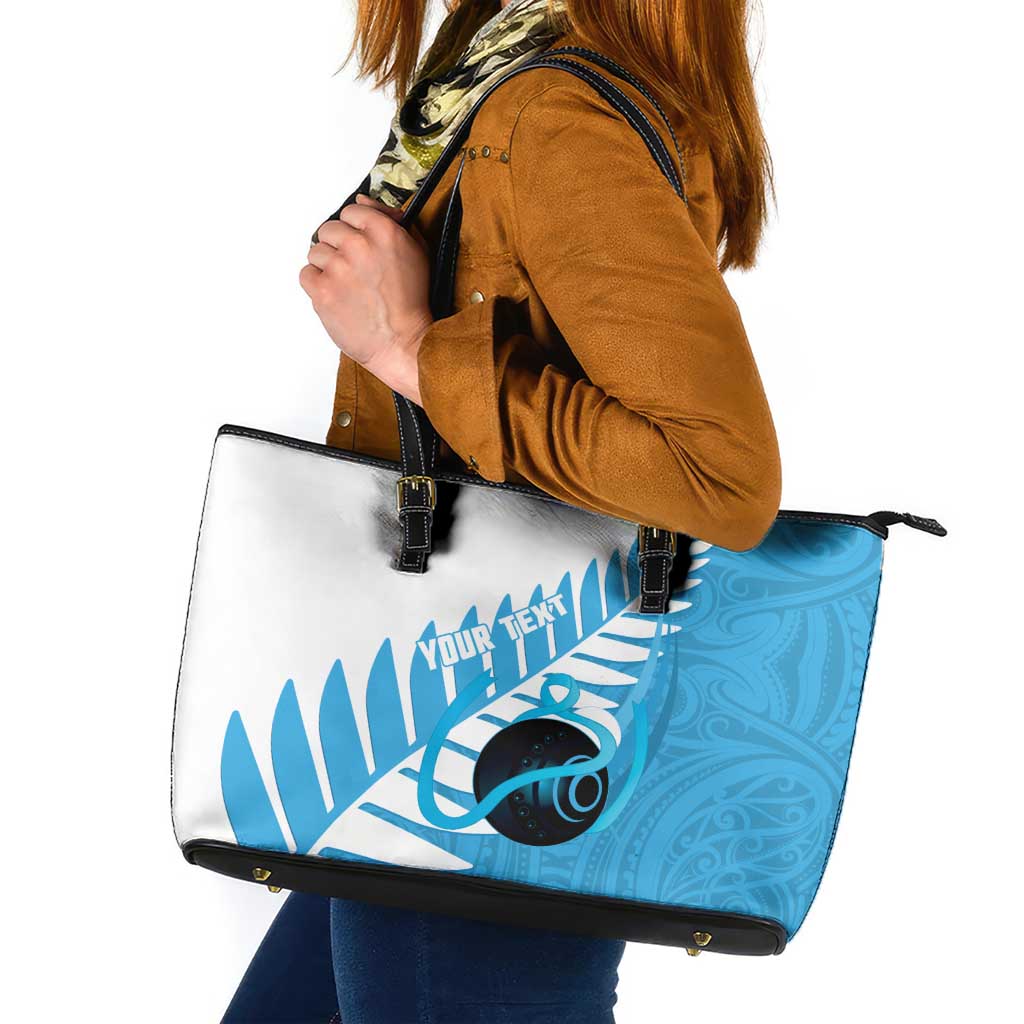New Zealand Lawn Bowls Prostate Cancer Custom Leather Tote Bag Aotearoa Maori Silver Fern Blue Ribbon LT14 Blue - Polynesian Pride